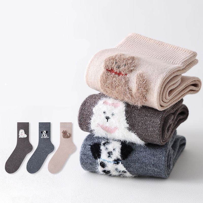 Cute Dog Cartoon Crew Socks for Women – 3-Pair Set