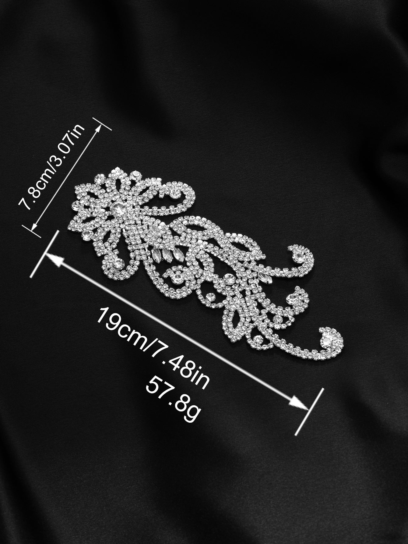Silver rhinestone floral lace trim chain appliqué, glittering swirls and hanging drops