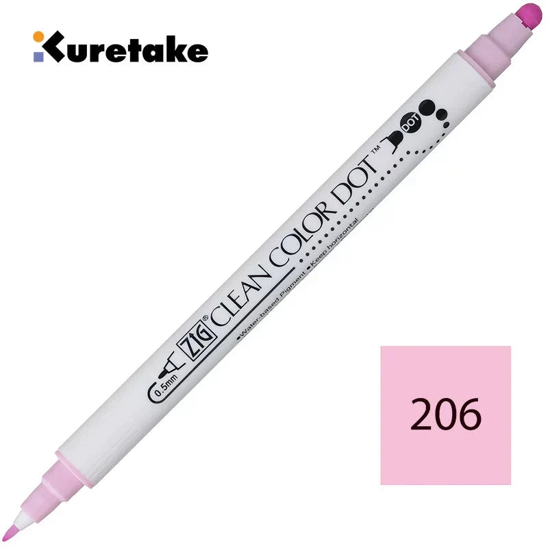 Kuretake ZIG Clean Color Dot TC-6100 – 2-Pack | Dual-Tip Dot & Brush Watercolour Marker | Journal / Illustration / Hand-Lettering | Japan Kuretake 206 Candy Pink