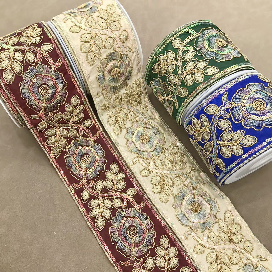 Floral embroidered trim, khaki/beige and burgundy panels with gold bead edging