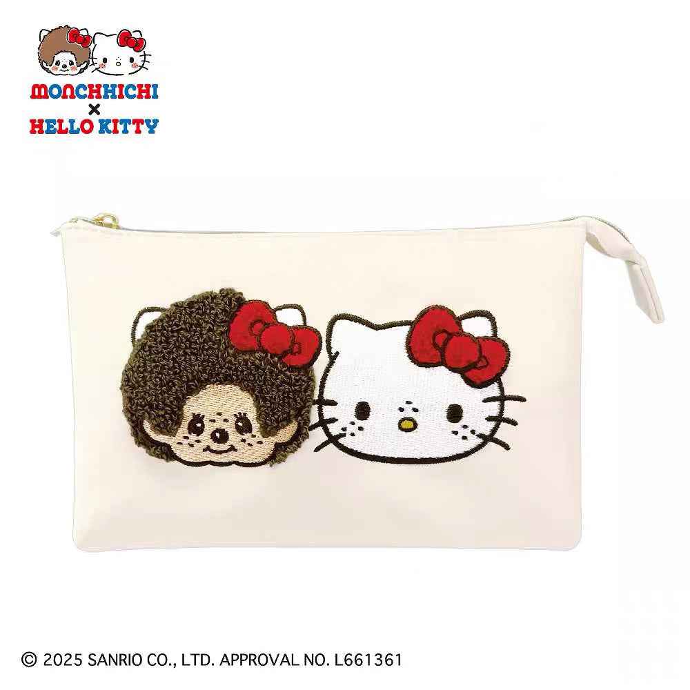 Japanese Monchhichi & Hello Kitty Embroidered Cosmetic Bag Beige