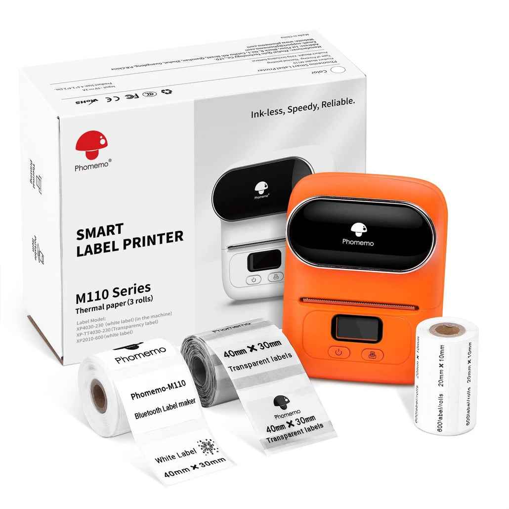 Phomemo M110 Label Maker Thermal Printer with 3 Roll Paper Orange