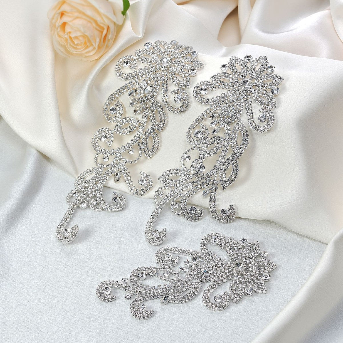 Silver rhinestone floral lace trim chain appliqué pair plus smaller matching piece