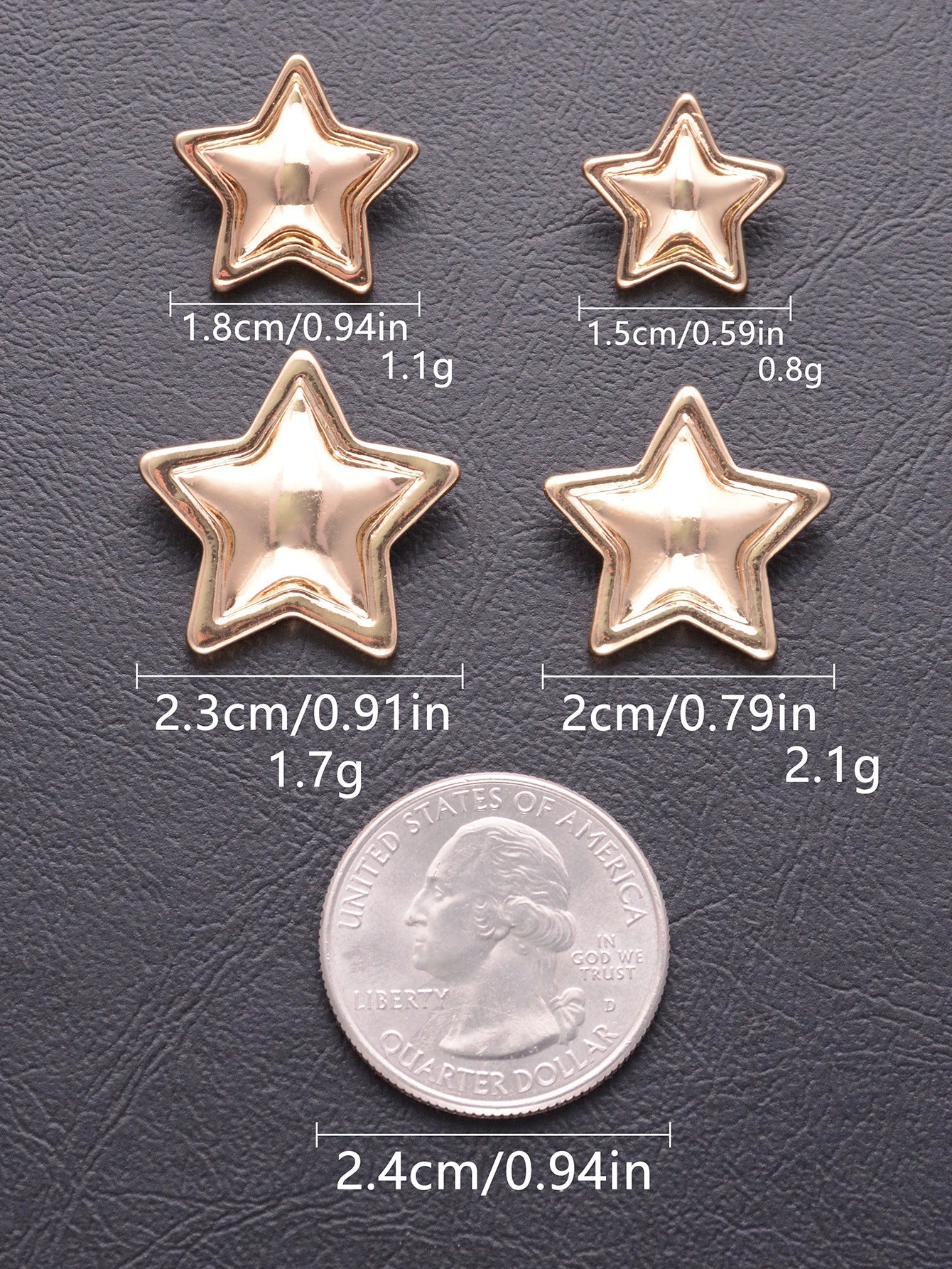 Gold star-shaped metal shank buttons, size and weight chart, 20-pack