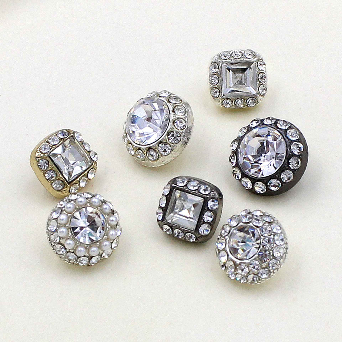 Round square crystal shank buttons, rhinestones and pearls, silver-tone finish set of 20