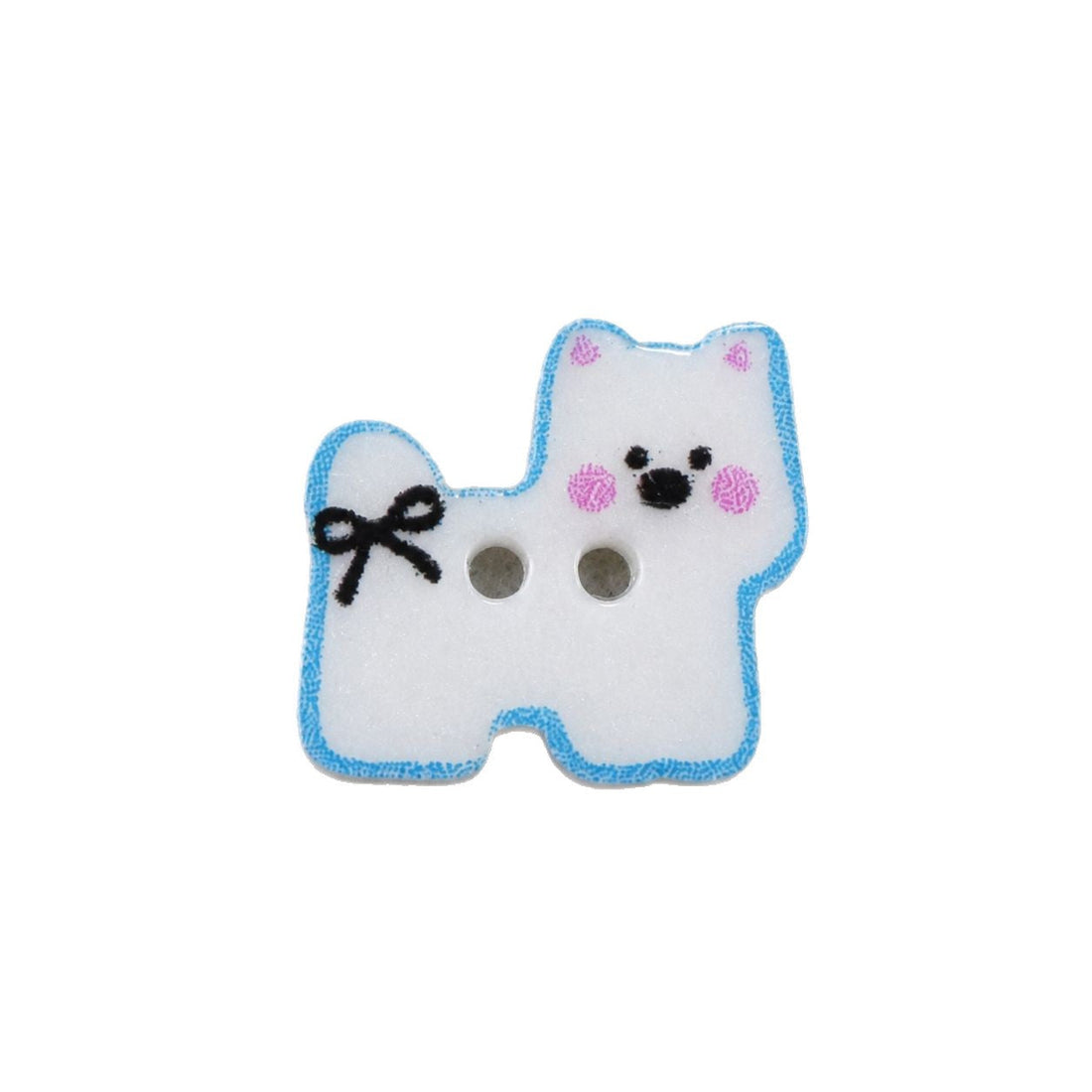Blue-outlined white puppy resin button with bow and smiling face, two holes