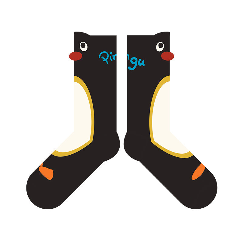 Schwarze Pinguin-Knöchelsocken mit gelben Halbmondformen und rot/orangen Pfoten, 2er