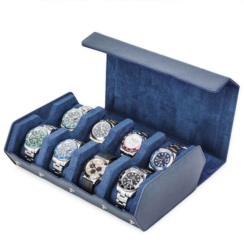 Genuine Leather Hexagon 8-Watches Roll Case Blue