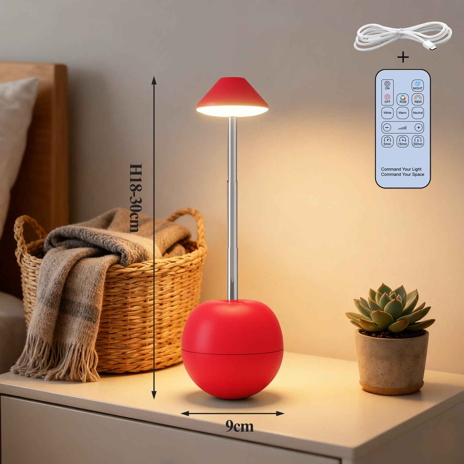 LED Night Light Rechargeable with Remote Telescopic Stem Wobble Base Red