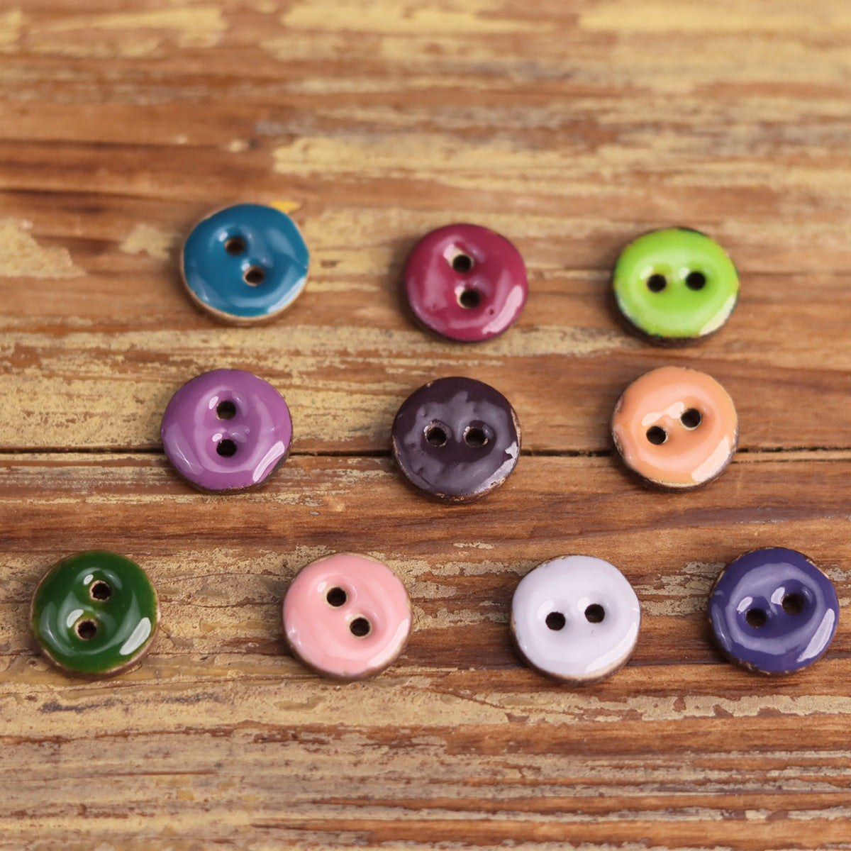 Coconut shell oil-drop round 2-hole buttons, assorted blue, green, pink, lavender, white