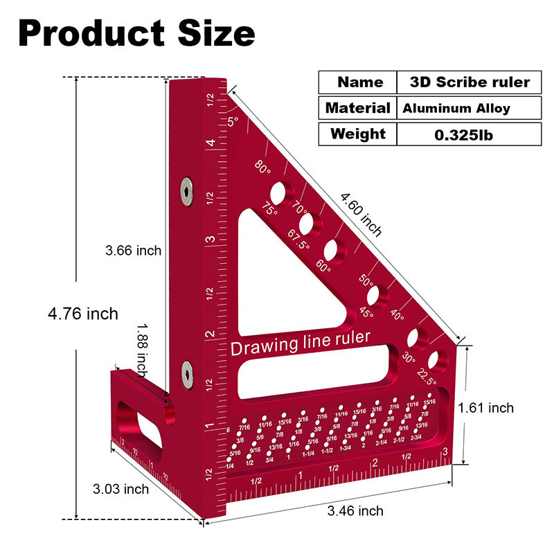 Carpenter Square Hole Scribing Drawing Line Ruler Woodworking Tool Red