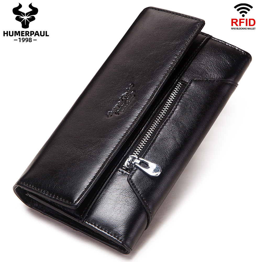 Genuine Leather Long Wallet for Women RFID Clutch Red