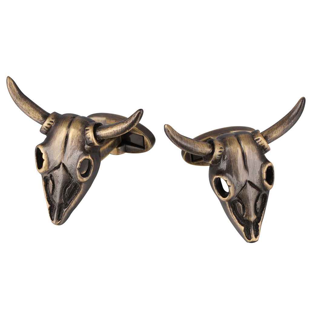 Bronze bull skull cufflinks for men, twin heads with curved horns