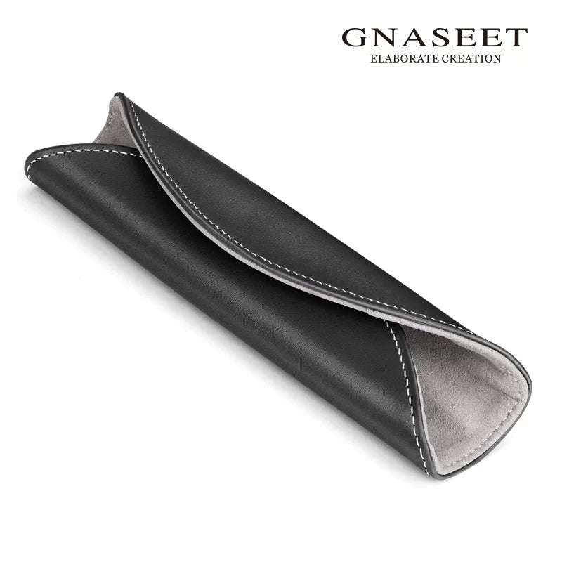 GNASEET Genuine Leather Pen Case – Japanese Minimalist Fountain Pen Pouch | 164x40x28mm | Blue / Black / Orange Black