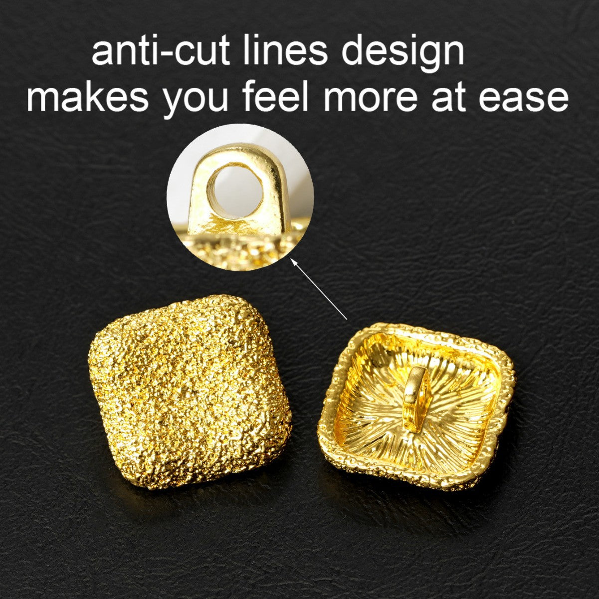 Gold square textured metal shank button with underside details