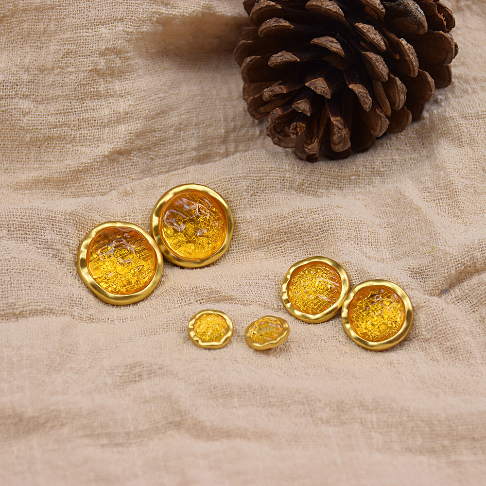 Peacock blue resin gemstone buttons, gold rim, round assorted sizes (set of 12)