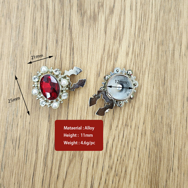 Rhinestone snap-on button, red oval crystal with pearl accents, silver ornate frame