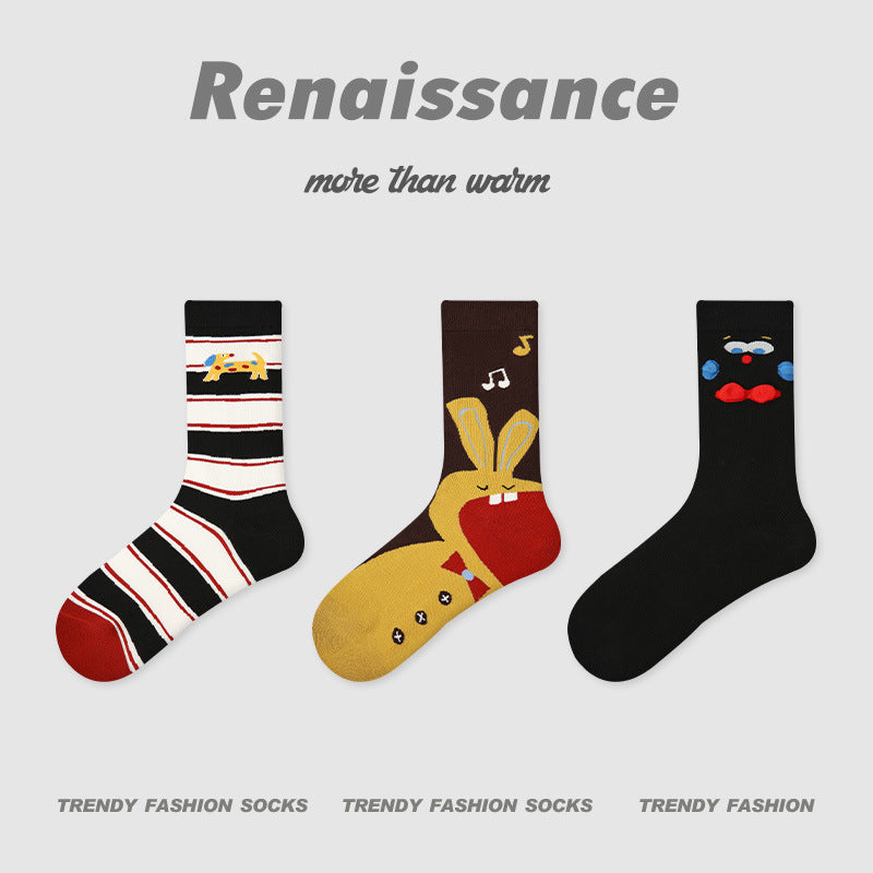 3-pack princess socks with striped bars, a bunny on brown and red, and a black cat face