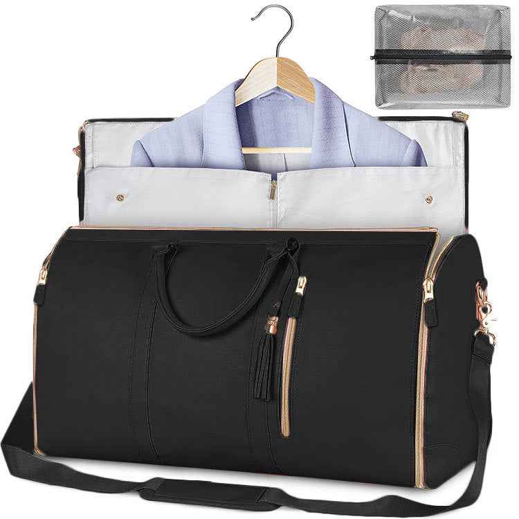 Large PU Leather Foldable Garment Duffle Travel Bag with Shoe Pouch Black