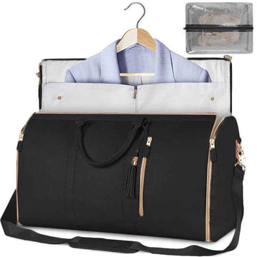 Large PU Leather Foldable Garment Duffle Travel Bag with Shoe Pouch Black