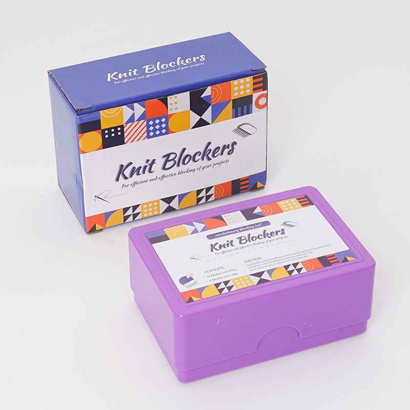 Knit blocker pins kit in purple and printed storage box