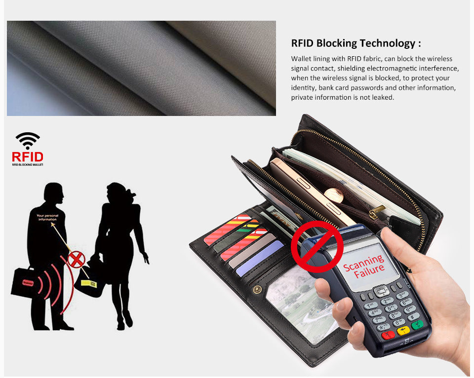 Men's Top Grain Leather Long RFID Blocking Wallet