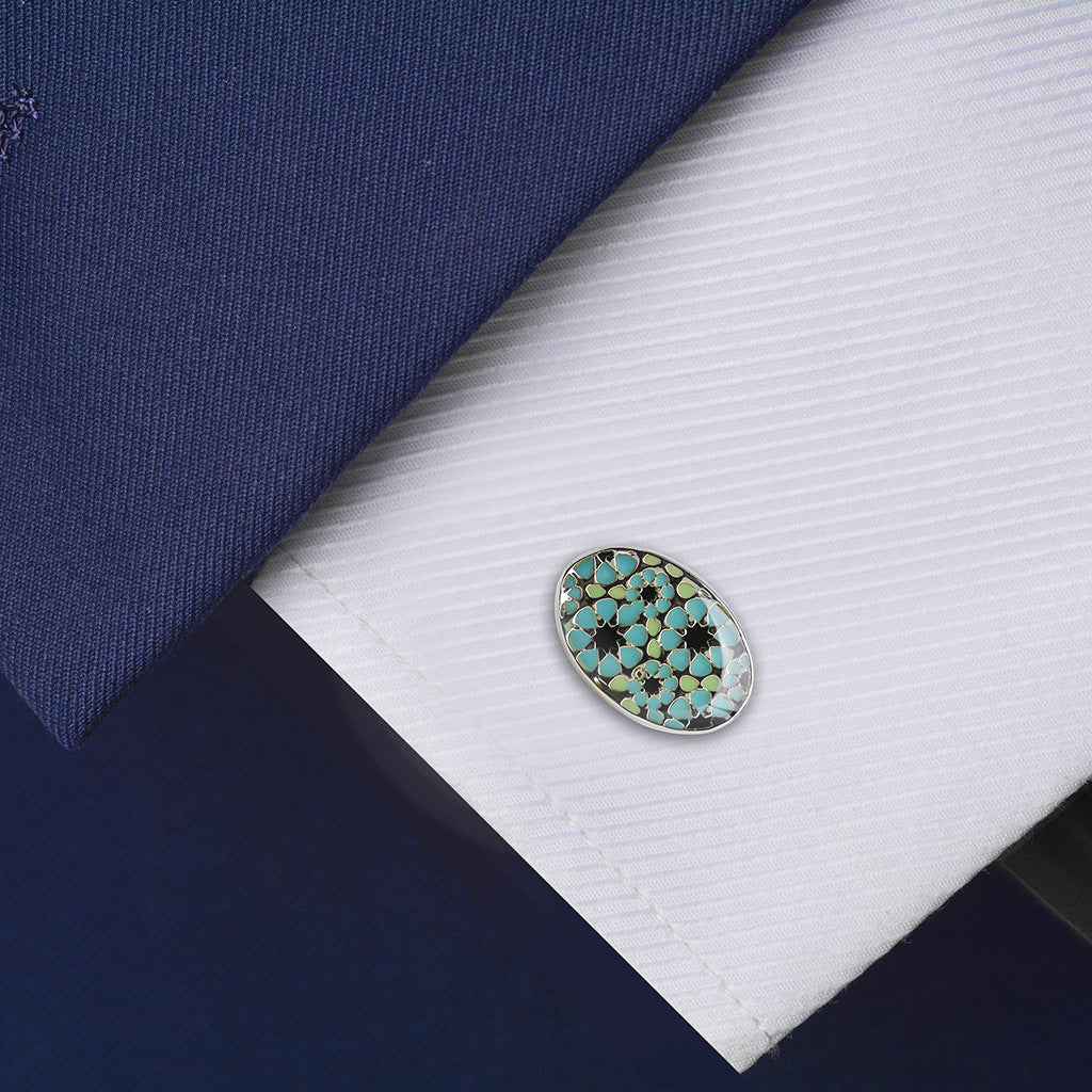 Oval blue and black mosaic cufflinks with silver-tone French backs