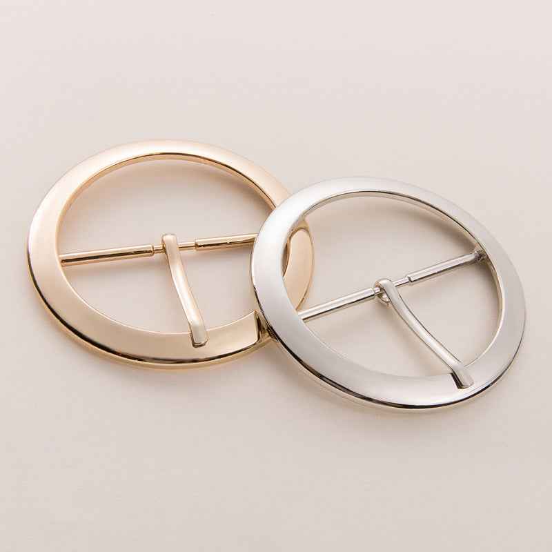 Round belt buckle, oversized 62mm, gold and silver finishes, clasp with pin bars