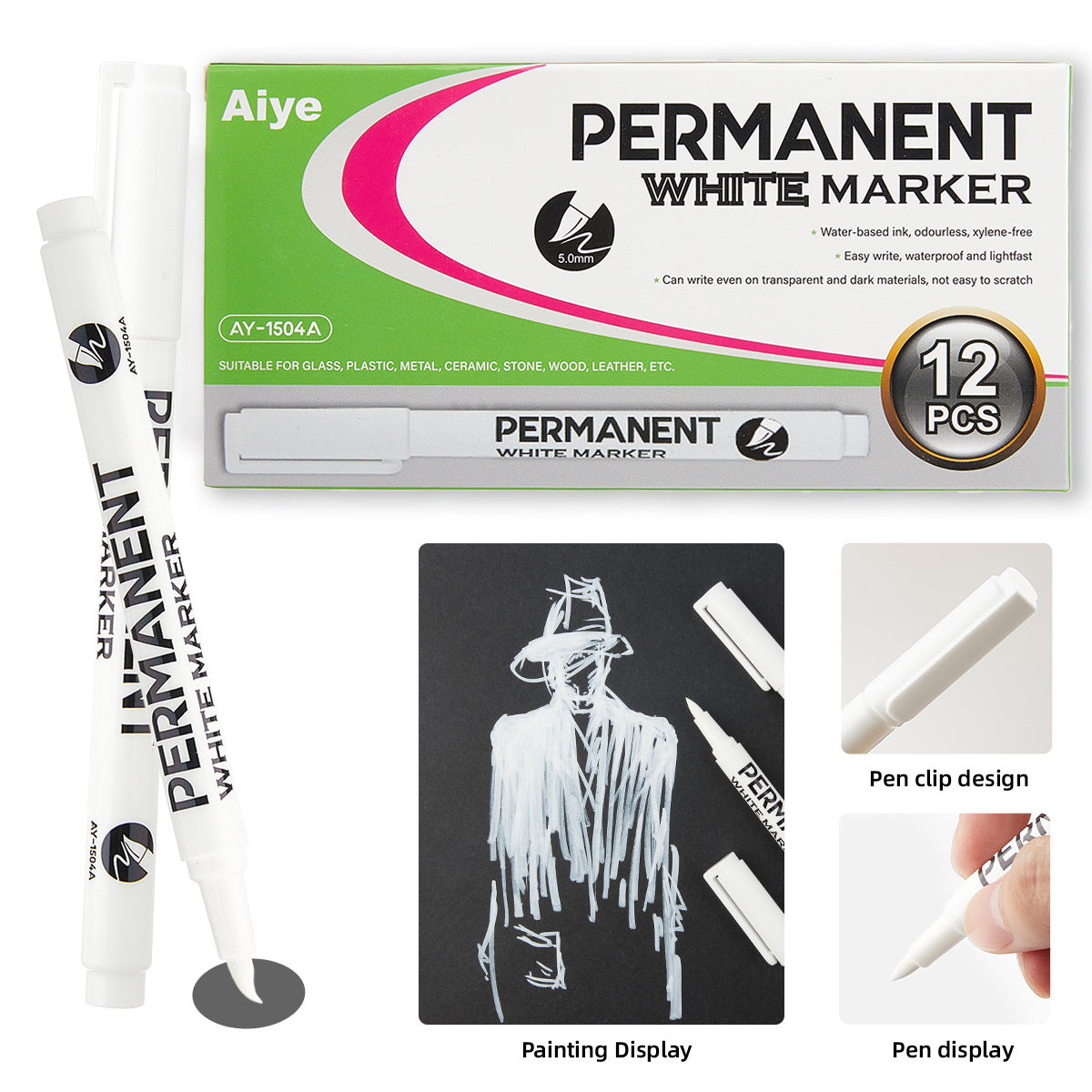 12pcs Industrial Oil-Based Permanet White Black Marker Pens White Soft 5mm