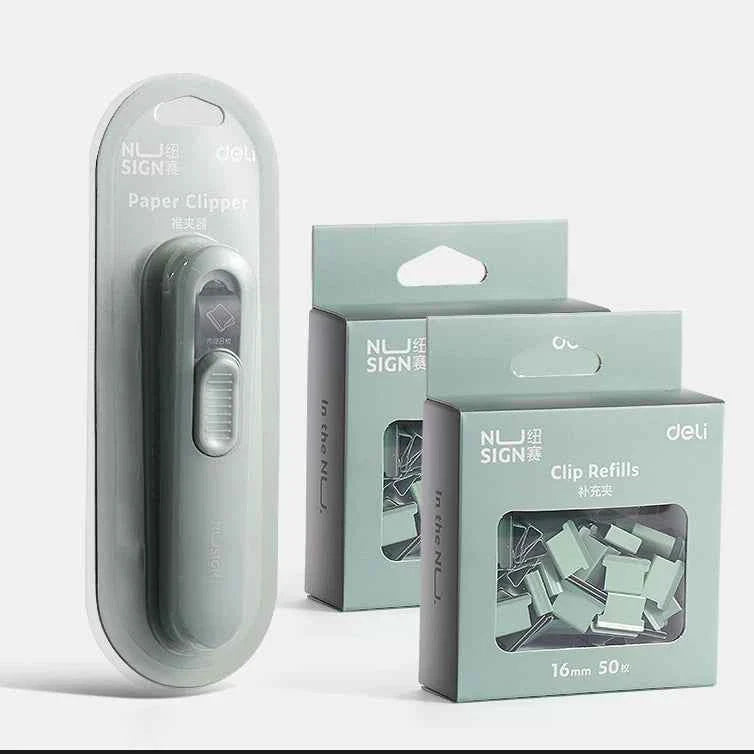 Deli Nusign Push Clip Dispenser with 100 Clips 16mm Green