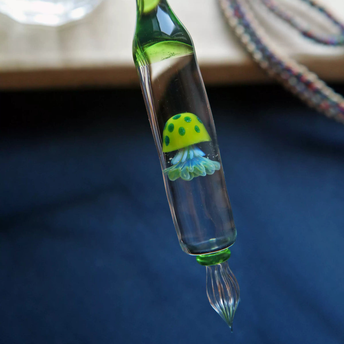 Lemon Green Jellyfish Glass Dip Pen – Transparent Art Glass Nib Pen for Ink Swatching & Calligraphy