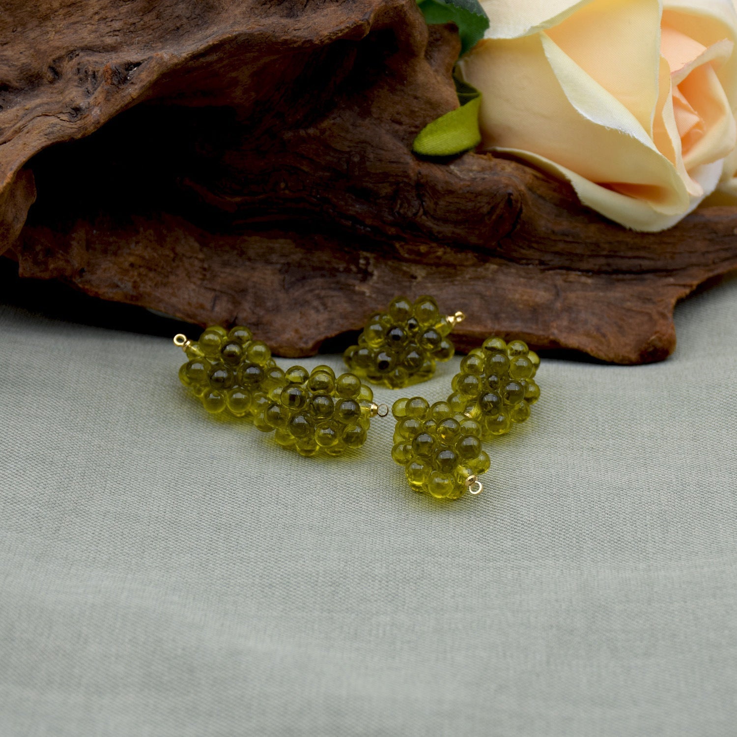 Herbal green 3D resin grape charms, three bubble-grape clusters with gold loops