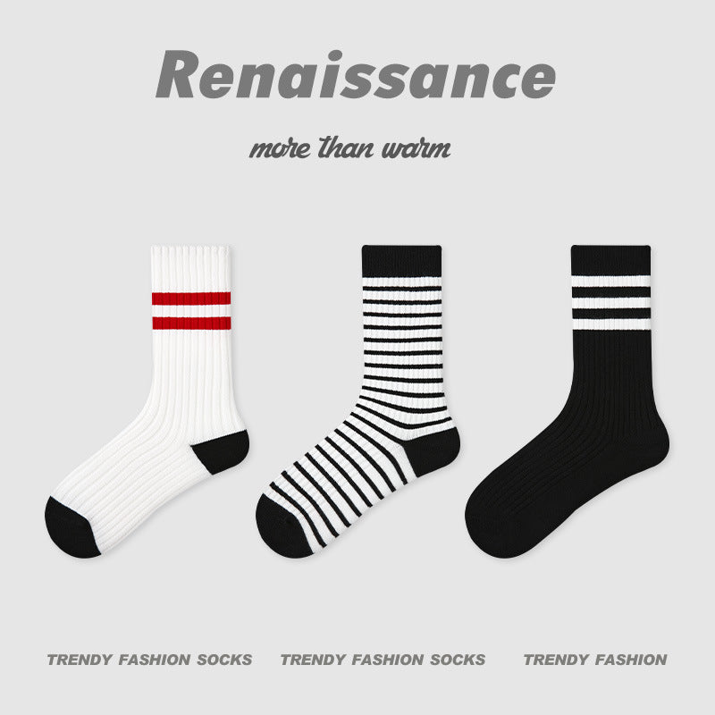 3-pack princess socks: white with red stripe, black/white striped, black solid