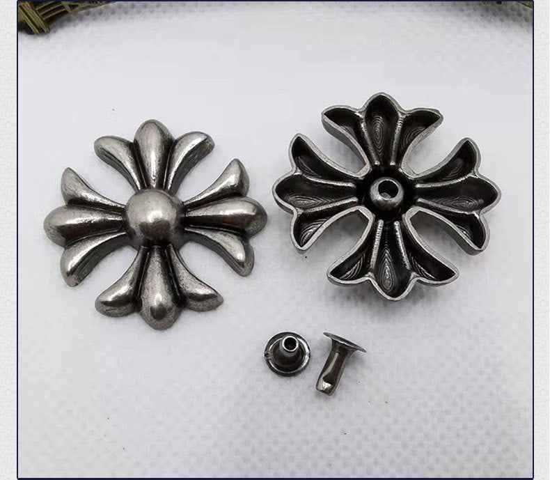 Antique silver gothic cross rivet studs set—four front pieces with cross medallions
