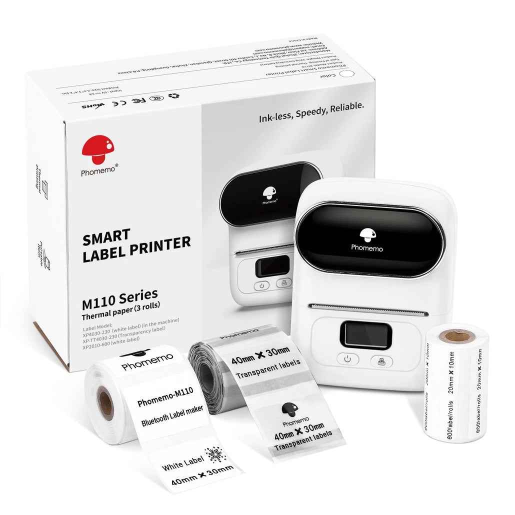 Phomemo M110 Label Maker Thermal Printer with 3 Roll Paper White