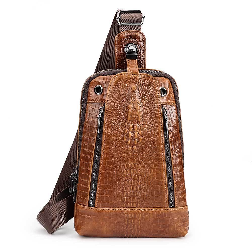 Alligator Print Leather Men's Crossbody Sling Bag Chest Pack Light Brown