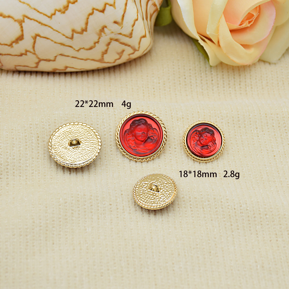 Red lady portrait resin buttons with gold rim; includes 22mm and 18mm sizes, metal shank.