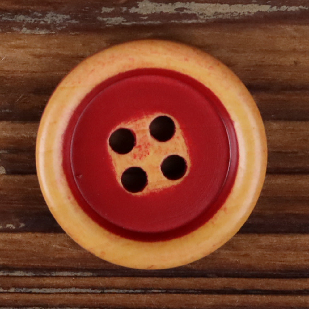 Round 4-hole wood button with red face and tan wood rim