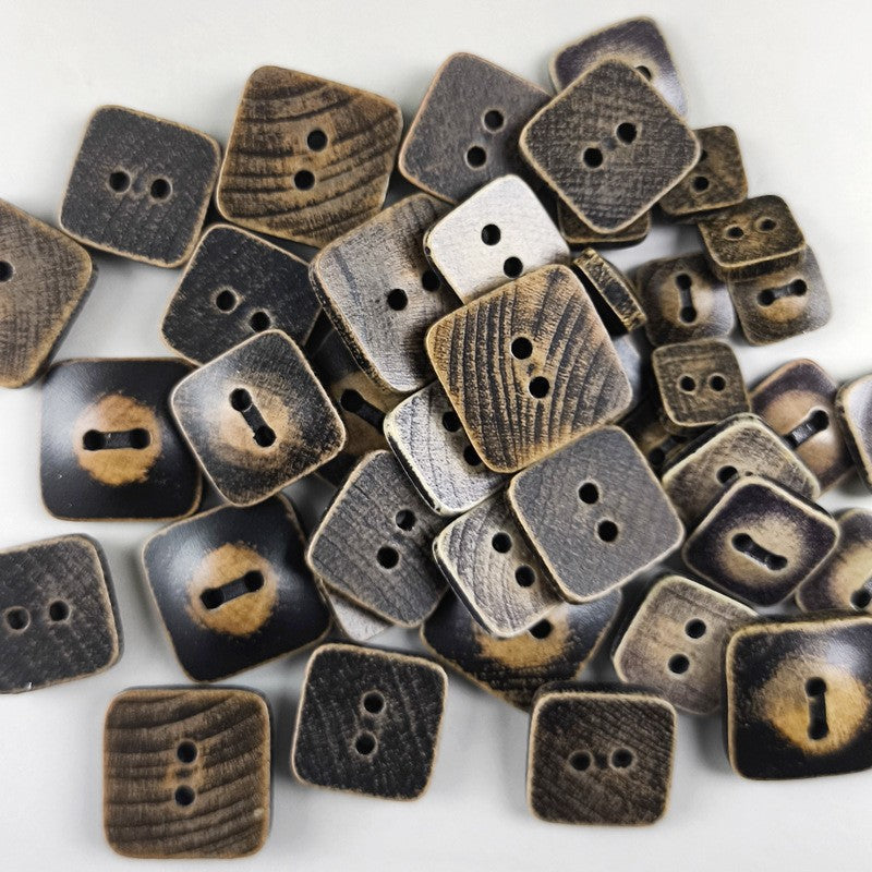 Assorted square 2-hole distressed wood buttons in dark coffee-brown