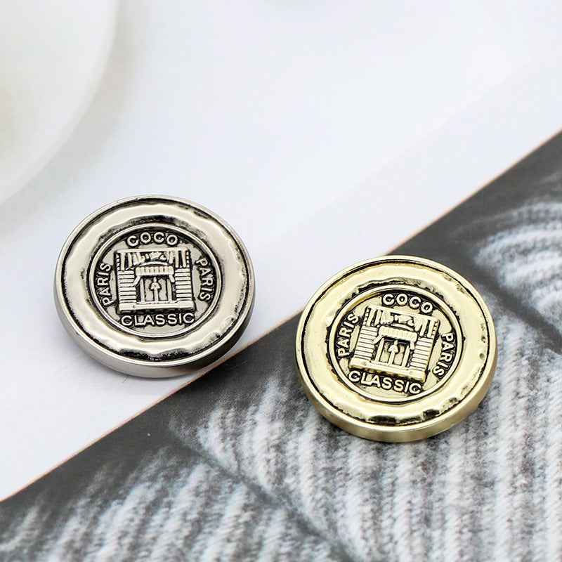 Metal shank buttons pair: Light Silver and Light Gold, frosted Paris “CLASSIC” front