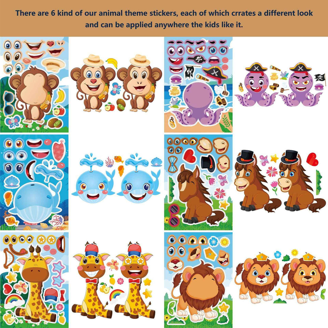 Make a Face Cartoon Animal Zoo DIY Stickers for Kids 24 Sheets