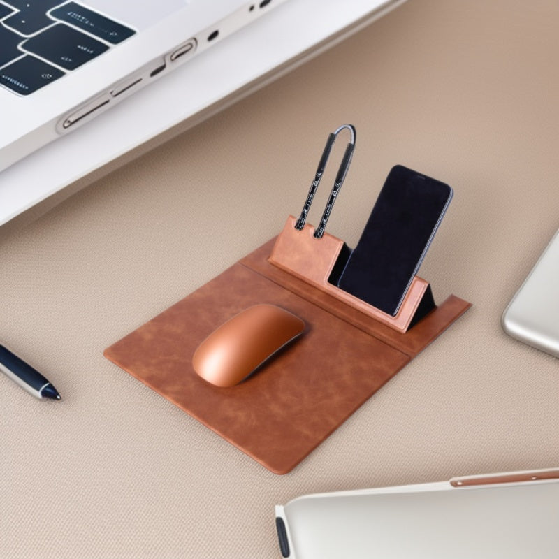 PU Leather Multifunctional Mouse Pad with Phone Stand & 2 Pen Slots
