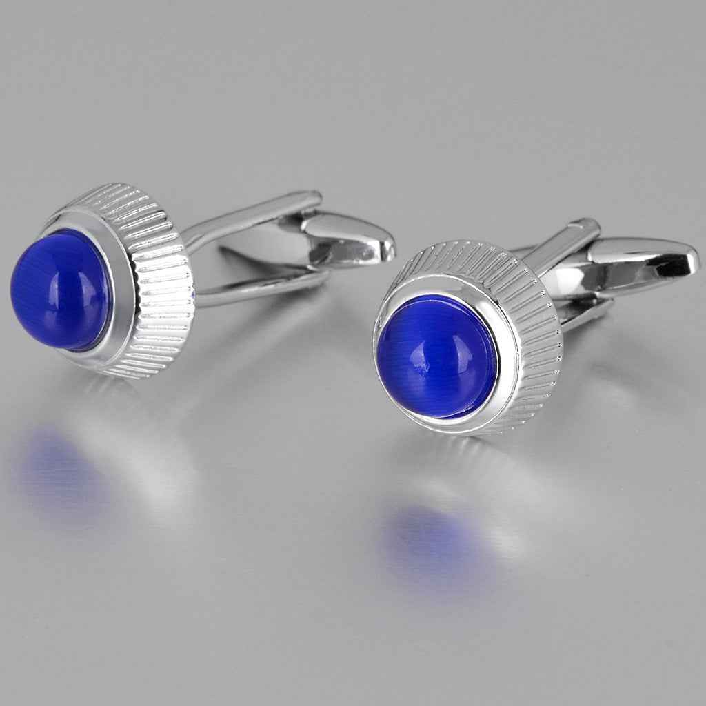 Blue cat’s eye stud cufflinks with silver ridged borders and hinge posts