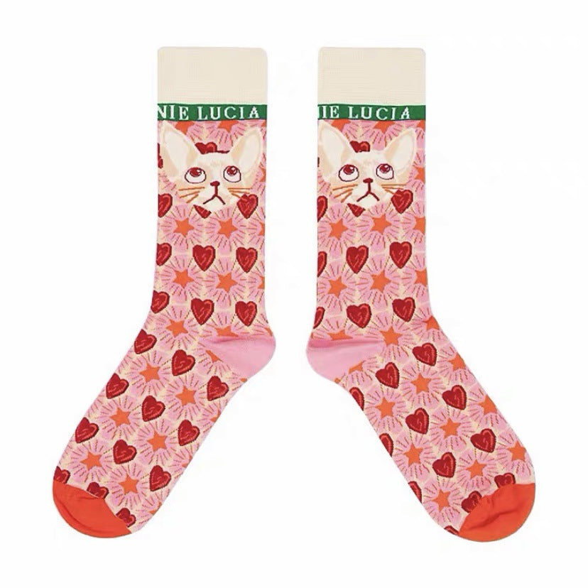 French Illustration Cartoon Cat Crew Socks Pink Kawaii Mid-High 6-Pack