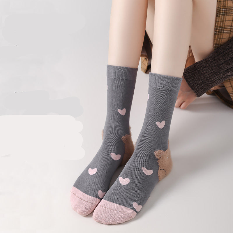 Cartoon Cat Cotton Crew Socks | Women's Mid-Calf Autumn Winter Socks | 3-Pack (Grey/Black/White)