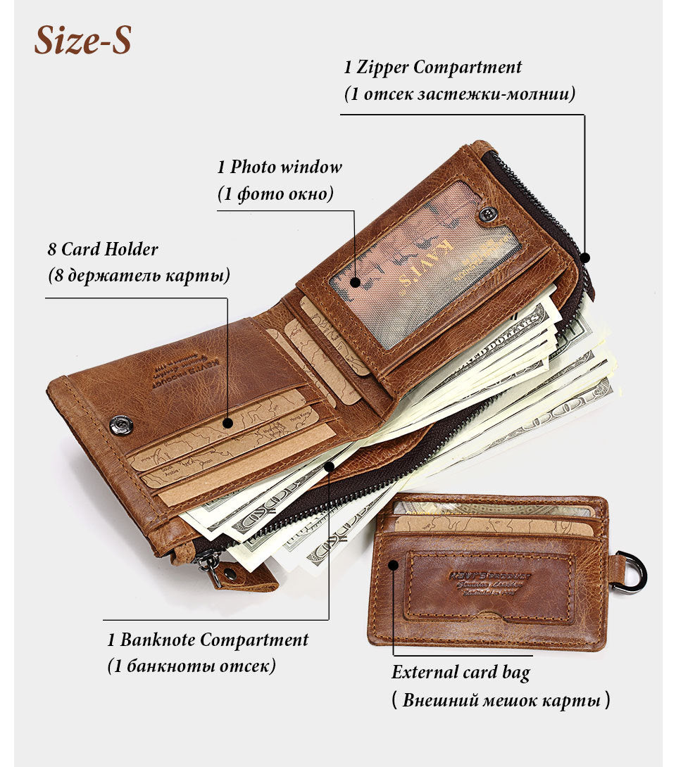 Brown Genuine Cowhide Leather Men's Short Wallet, Zip Around