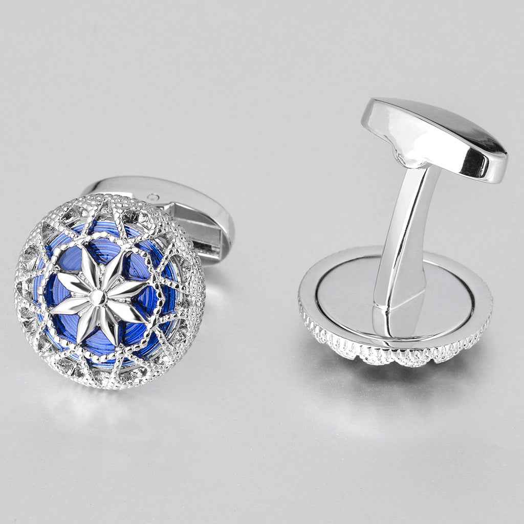 Silver blue openwork engraved cufflinks with blue enamel lattice and star