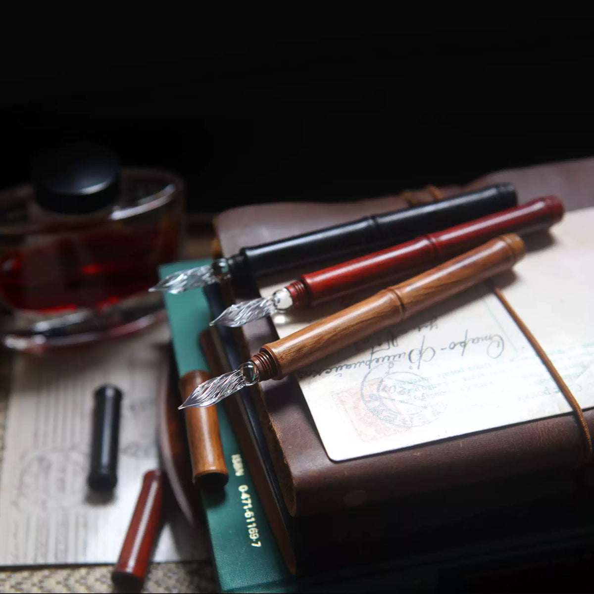 Classic Wooden Dip Pen with Glass Nib – Natural Wood Barrel in Walnut Brown, Cherry Red & Ebony Black