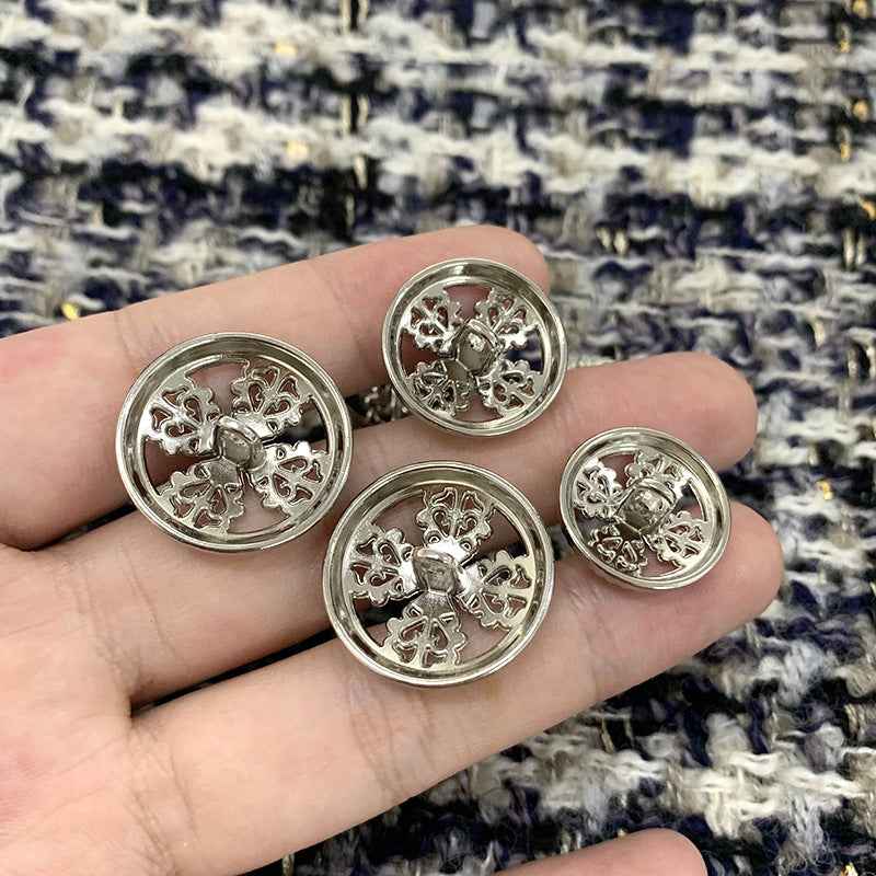 Round silver vintage hollow cross metal shank button, ornate filigree rim
