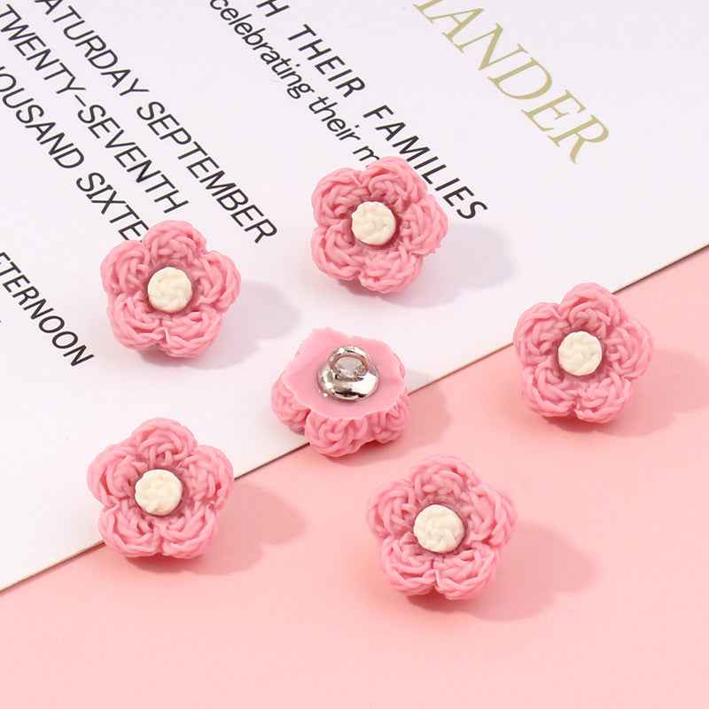 Pink flower plastic buttons, 13mm; cream centers, silver shank